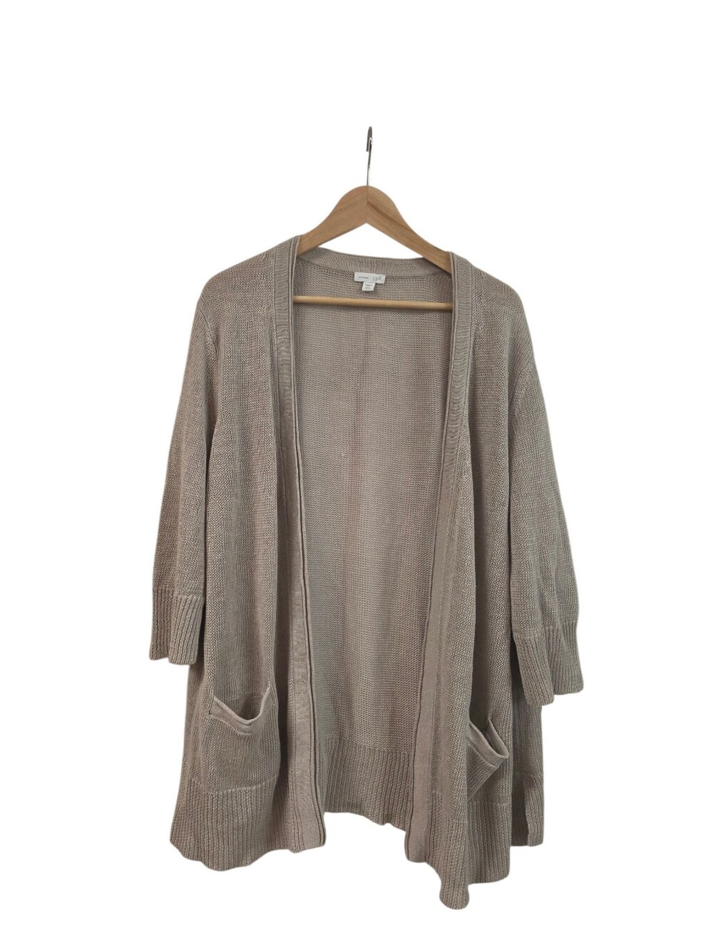 J. Jill Beige 100% Linen Open Front Knit Cardigan Sweater Large 3/4 Sleeve